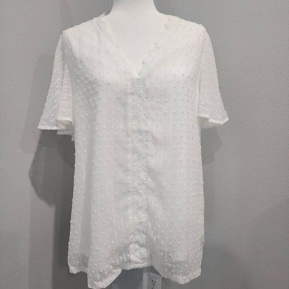 Women's T-Shirt V Neck Lace Crochet Solid Tunic Tops Comfy Short Blouse White si - Picture 1 of 6
